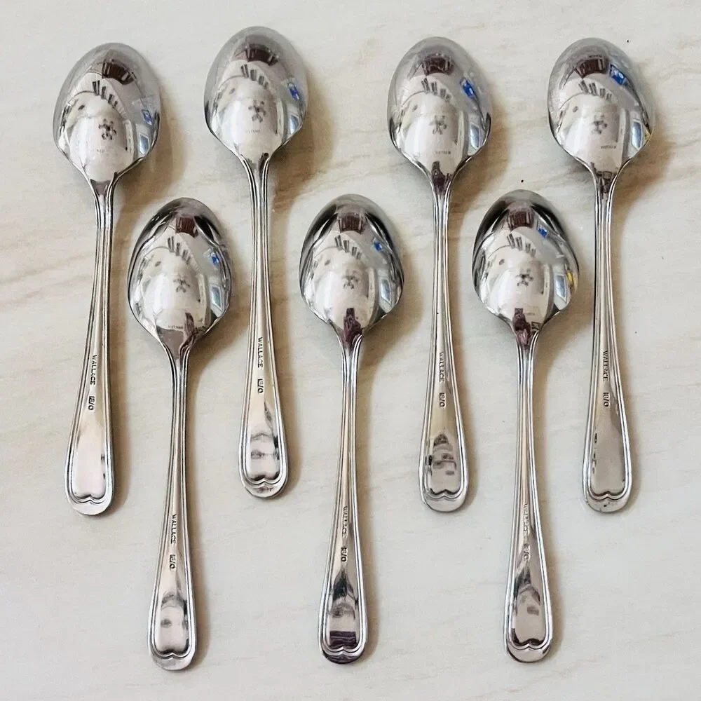 7pc WALLACE Newcastle Teaspoon 6 1/4” Stainless Glossy Bead Outline Round Tip